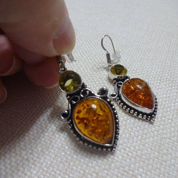 Stunning AMBER & CITRINE Handmade Sterling Dangle Earrings #853B - Picture 1 of 3
